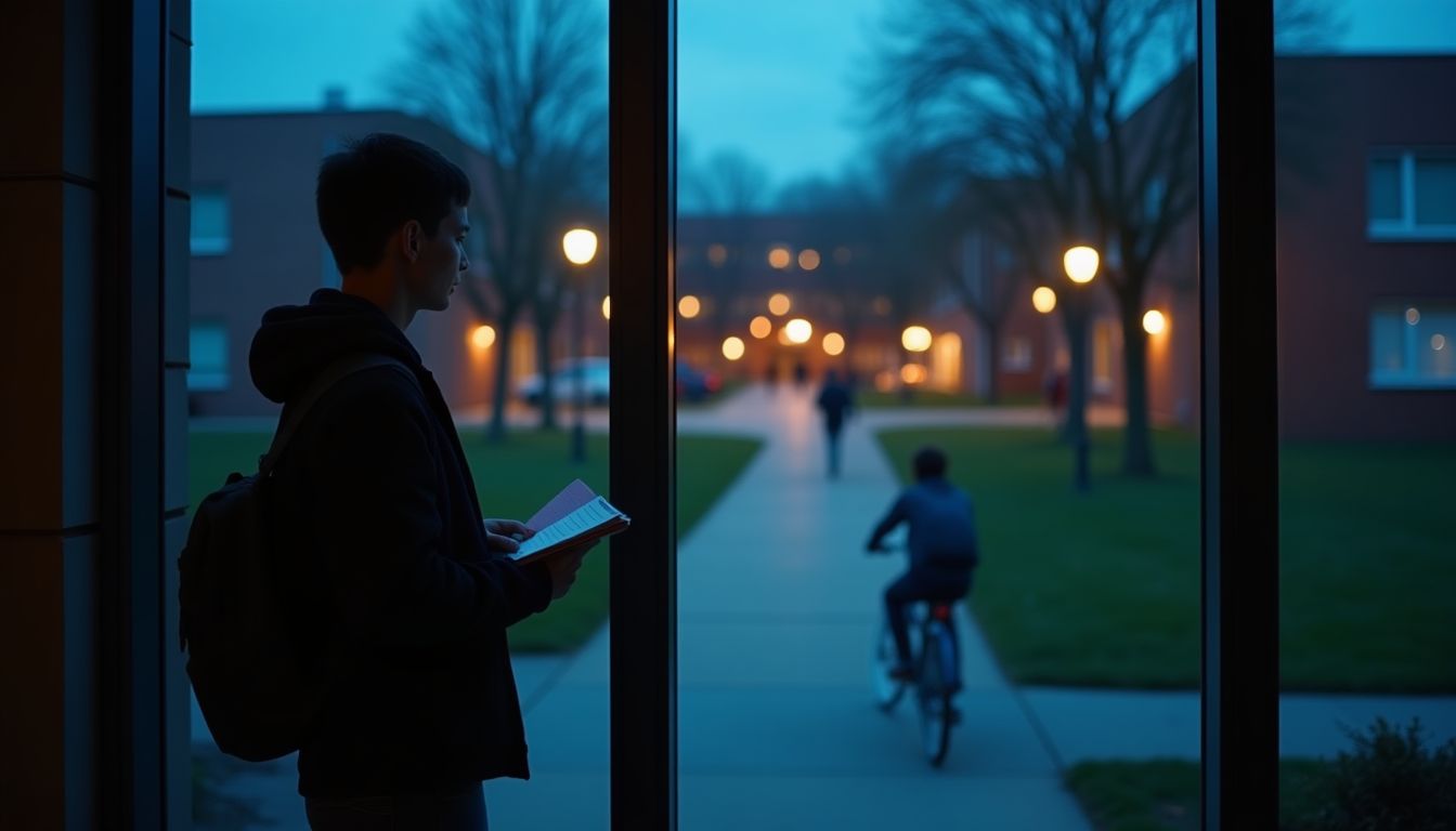 A student by a large window at blue hour holding a notebook, campus path and bicycle in soft amber street light, deep charcoal-blue evening — student decisions and future planning guide