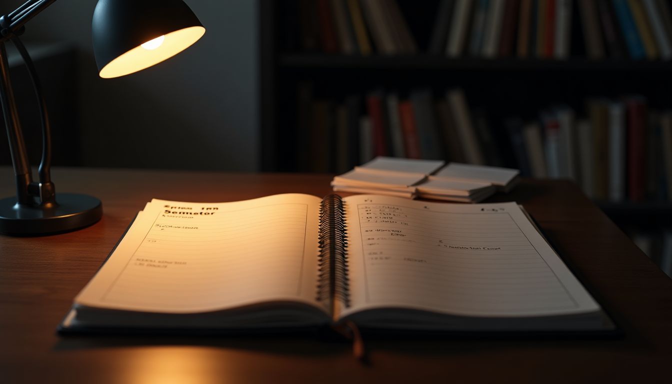 An open semester planner with highlighted dates and a neat stack of flashcards under warm amber lamplight on a dark desk, deep charcoal tones — study time and semester planning guide