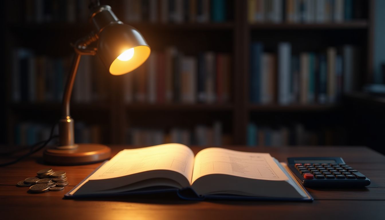 An open budget notebook with a calculator and coins on a dark wooden student desk, warm amber desk lamp against deep charcoal shadows — term money and budget planning guide